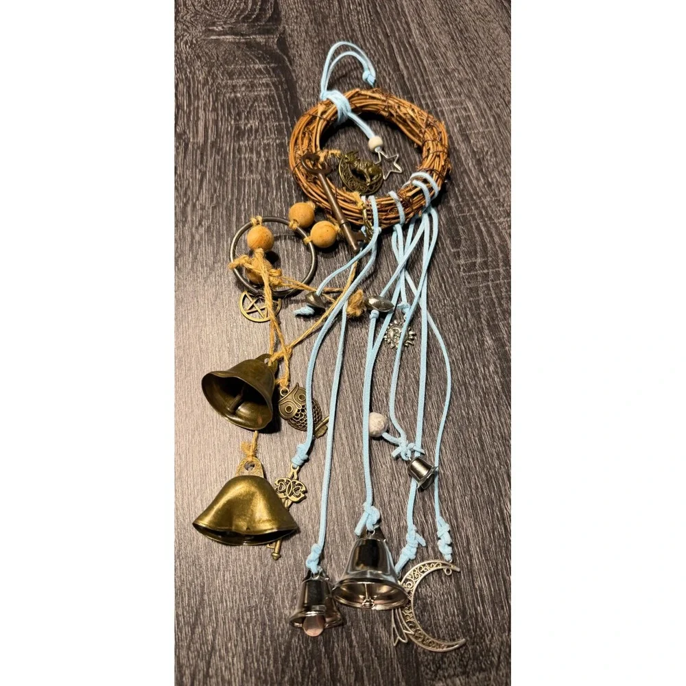 Handmade Witches Bells Protection Charm Door Hanger Blue Cord Moon‎ & Bell Decor